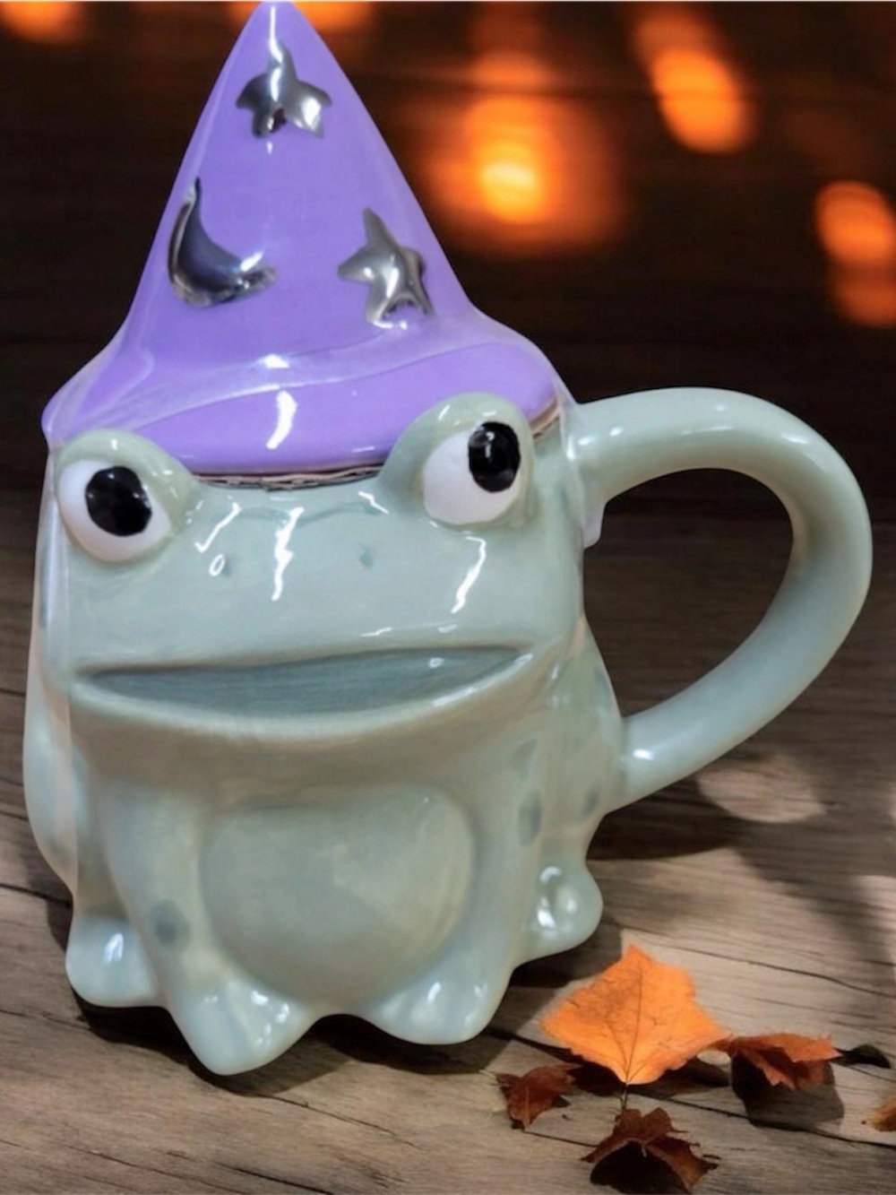 Frog Wizard Ceramic Mug in Lavender and Mint Halloween